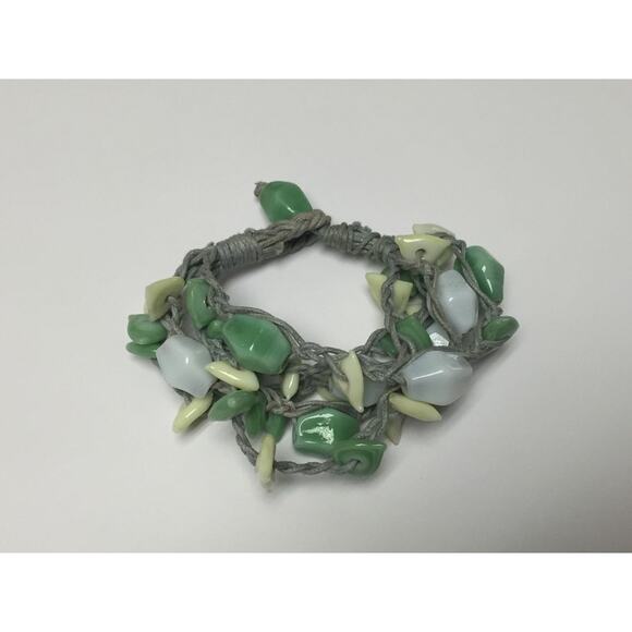 Glass Beaded Woven and Braided 5 Strand Bracelet Jade, White and Light Yellow - Picture 1 of 5
